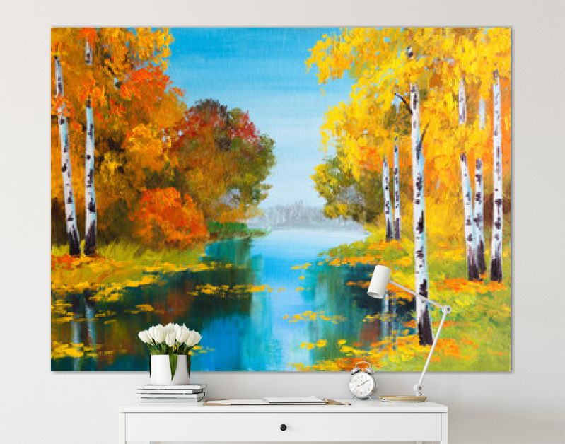 landschap met olieverf - berkenbos bij de rivier