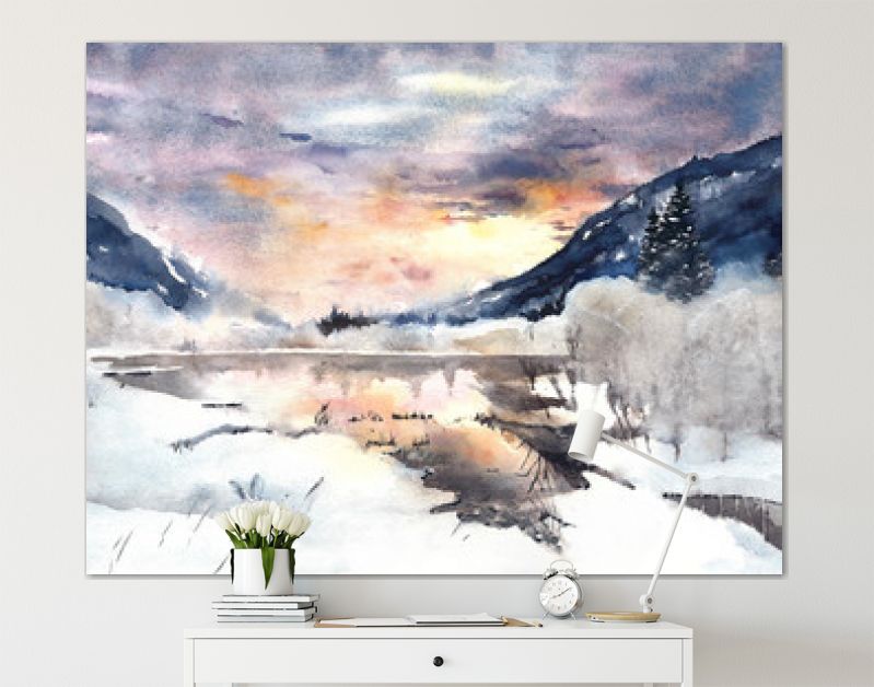 Winterlandschap bergen meer sneeuw aquarel schilderen