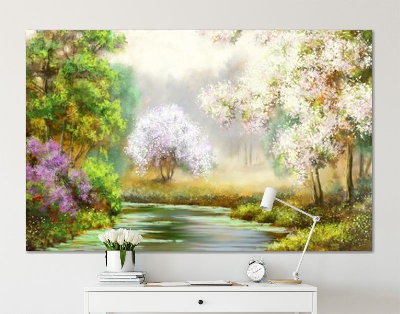 Lente, boom, rivier, schilderijen landschap