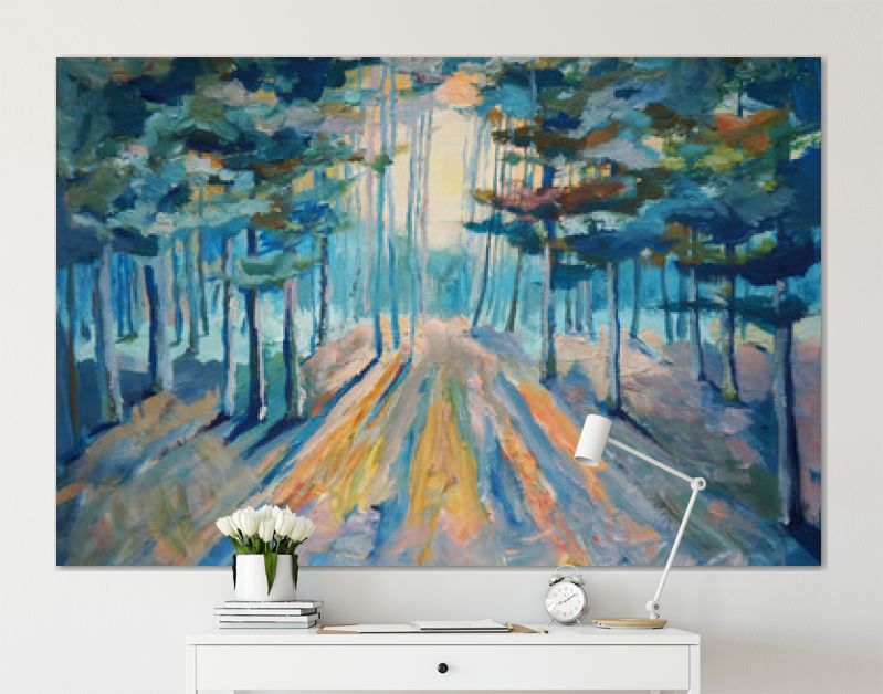 Prachtig winterbos schilderen. Zonlicht in het bos Acryl en volledig spectrum schilderen op canvas en karton