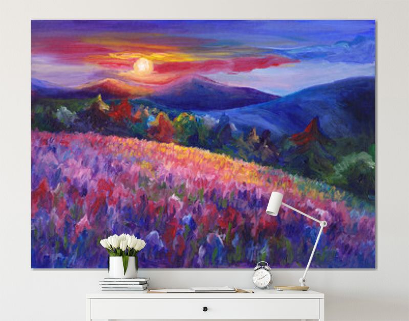 Berglandschap oliekunstwerk, gezellig, vrolijk, met de hand geschilderd