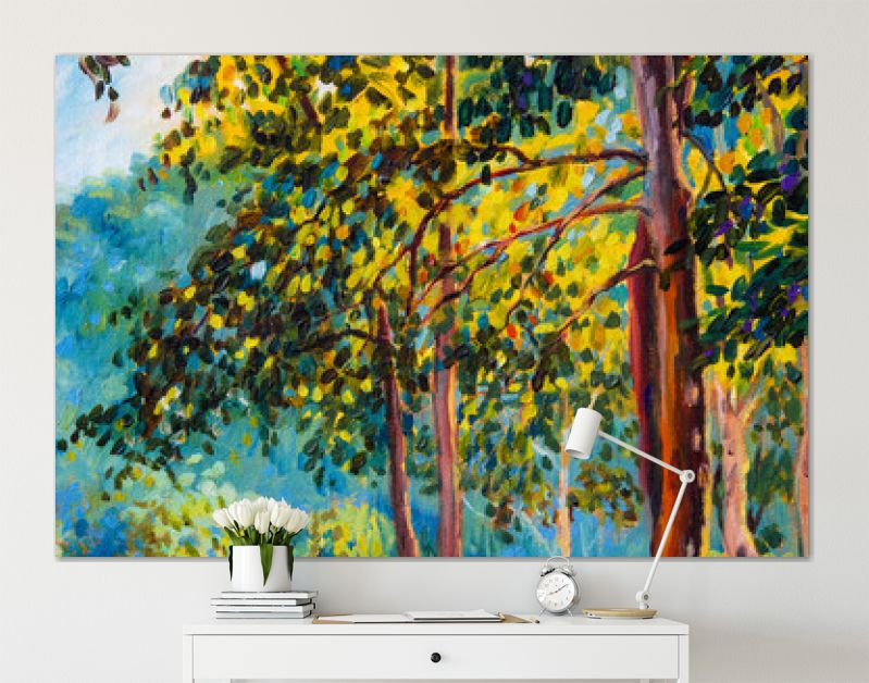 Landschap met olieverf op doek - kleurrijke herfstbomen.