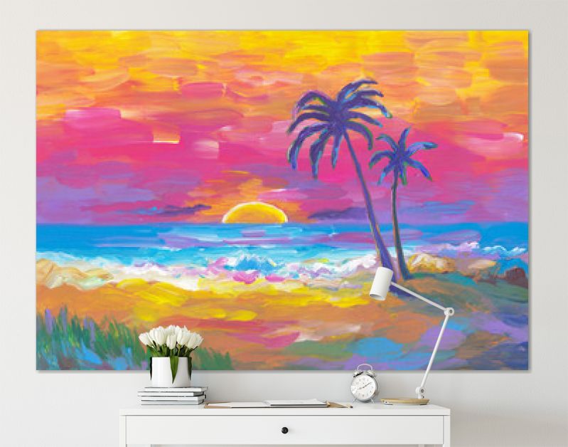 Palmenstrand, zonsondergang, zand, oceaan. Kust landschap. Abstract olieverfschilderij