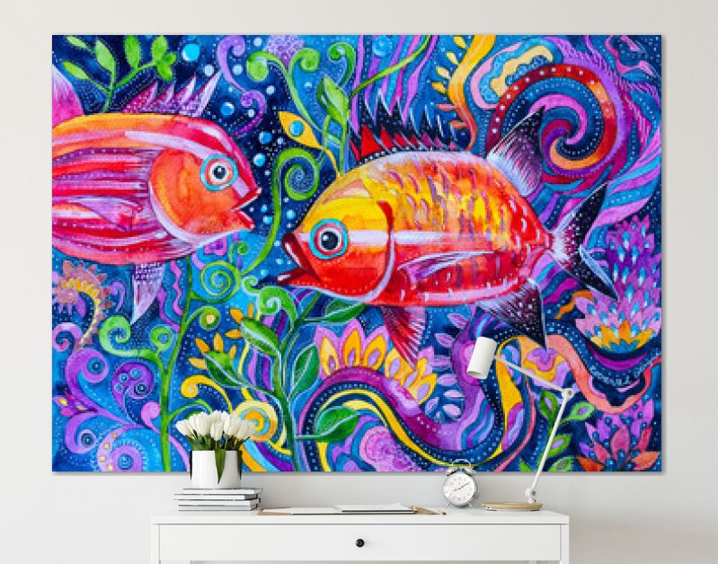 geschilderde aquarel fantasie kleurrijke vissen