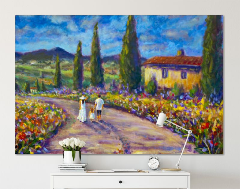Impressionisme kunst schilderij gelukkige familie in witte kleren wandelen langs de weg. Vader, moeder en dochter zijn op weg van het Italiaanse Toscaanse natuurlandschap van de zomer. Cipressen, rode bloemen,