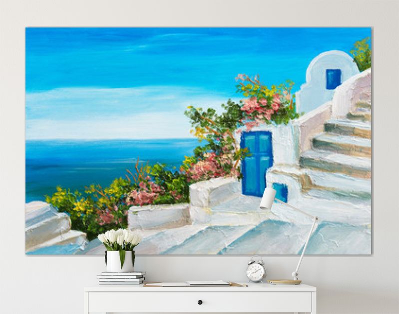 olieverfschilderij - huis in de buurt van de zee, kleurrijke bloemen, zomerzeegezicht