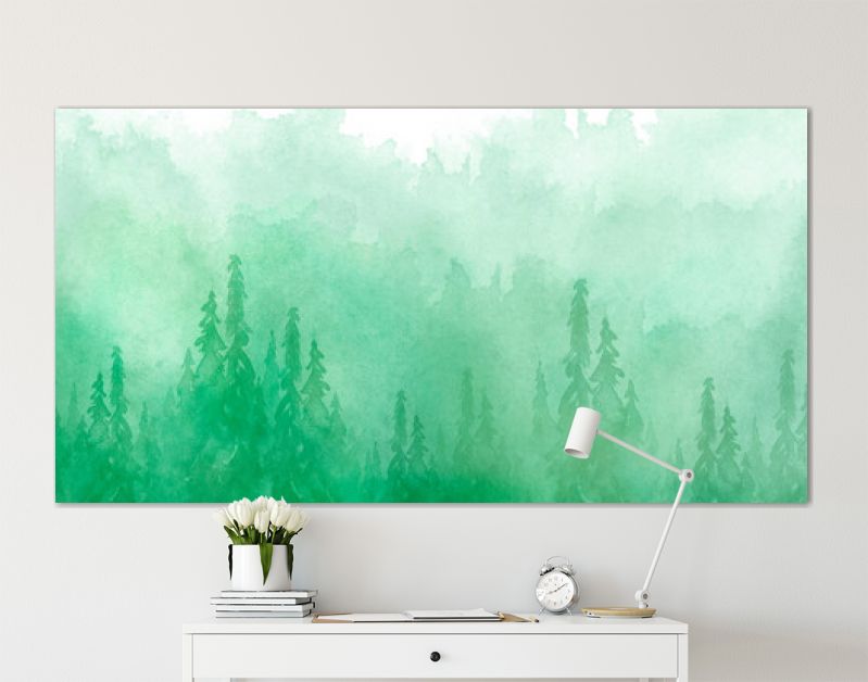 Aquarel groep bomen - spar, dennen, ceder, spar. groen bos, landschap, boslandschap. Tekening op witte geïsoleerde achtergrond. Mistig bos in nevel. Ecologische affiche. Aquarel schilderij