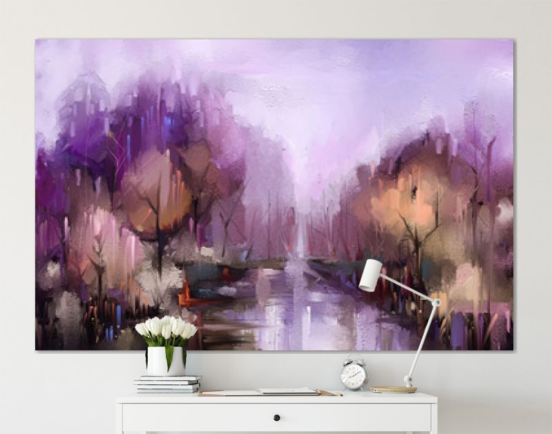 Olieverf schilderij kleurrijke herfst bomen. Vintage verfkleurenafbeelding van landschap, bos met geel, rood blad en meer. Herfst, herfst seizoen natuur achtergrond. Met de hand geschilderd impressionistisch, buitenlandschap