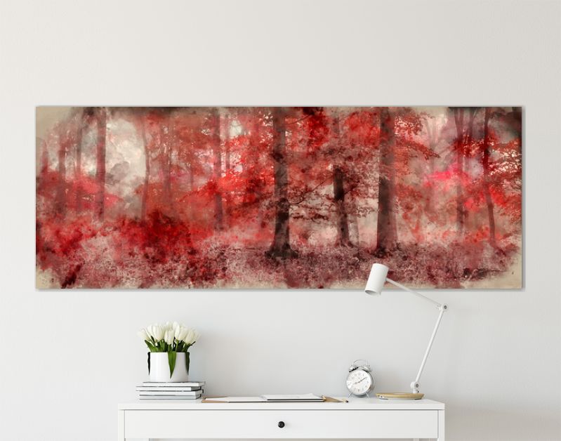 Aquarel schilderij van mooie surrealistische alternatieve kleur fantasie herfst herfst boslandschap conceptuele afbeelding