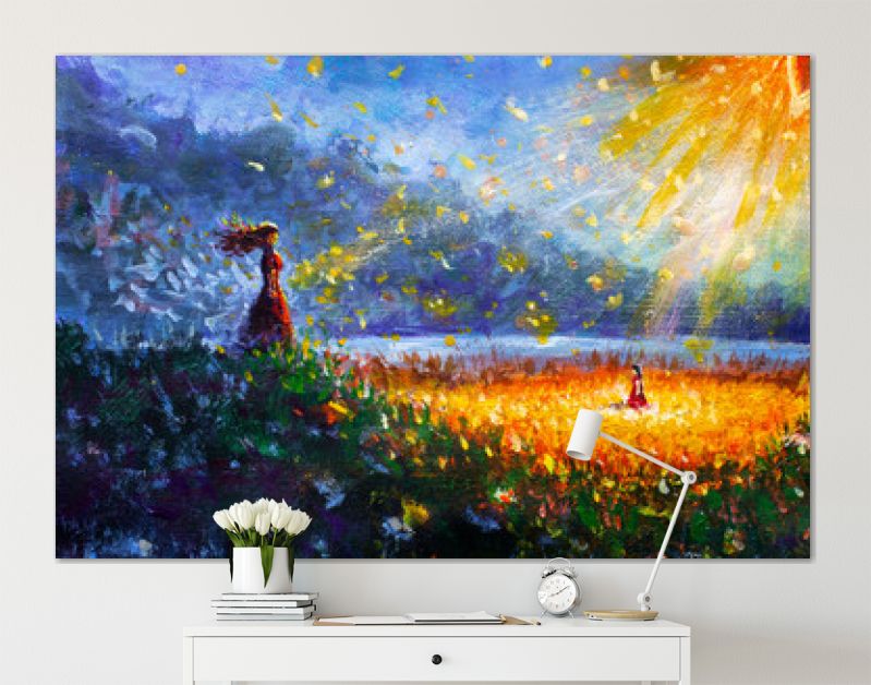 Schilderij olie - Gloeiende bloem, klein meisje en vrouw moeder - Sprookjesachtige illustratie - moderne kunst impressionisme abstract landschap acrylverf kunstwerk