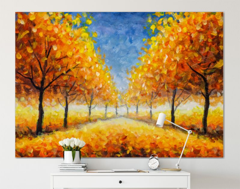 Herfst impressionisme olieverf landschap verf kunst. Goudoranje herfstboom park steegje bos hout met blauwe lucht