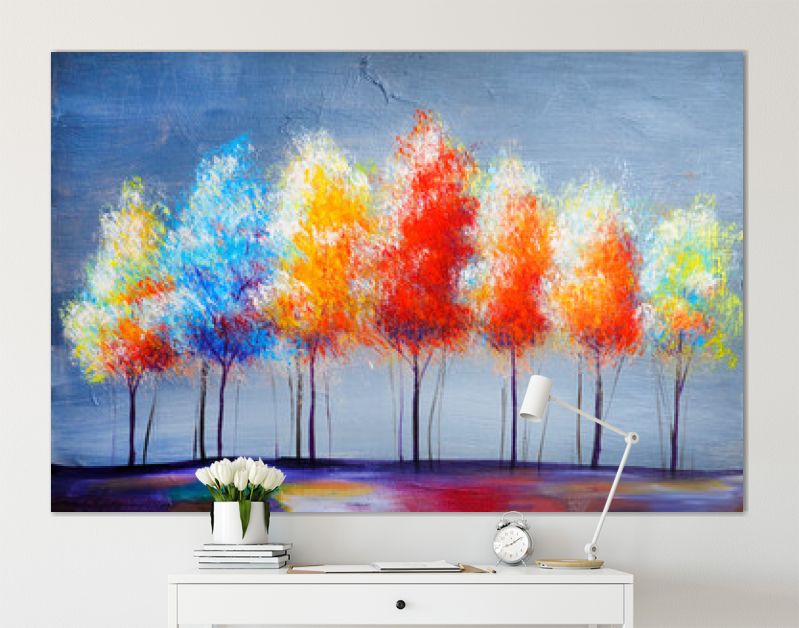 Landschap met olieverfschilderij, abstracte kleurrijke gouden bomen