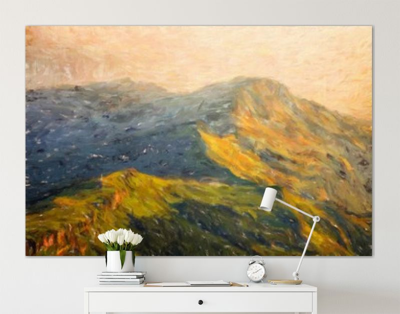 Digitale bergen bekijken olieverfschilderij met echt penseelstreken effect. Hedendaagse impressionistische kunst aan de muur in gemengde stijl. Kracht van de natuurscène. Vakantie ansichtkaarten en prints ontwerp. Schoonheid kunstwerk.