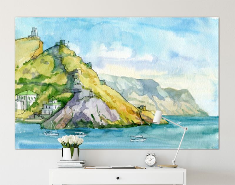 Landschap. Zeegezicht. Waterverf. Zee, rotsen, bergen, haven, schepen. Bivakmuts, Sebastopol, Krim. reizen. Toerisme.