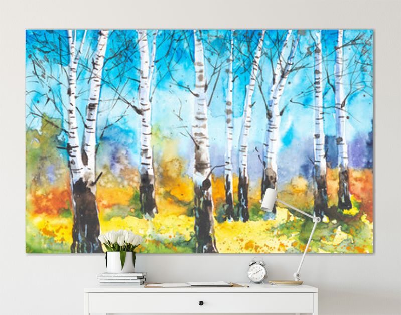 Russisch boslandschap met prachtige berken op een open plek. Aquarel illustratie