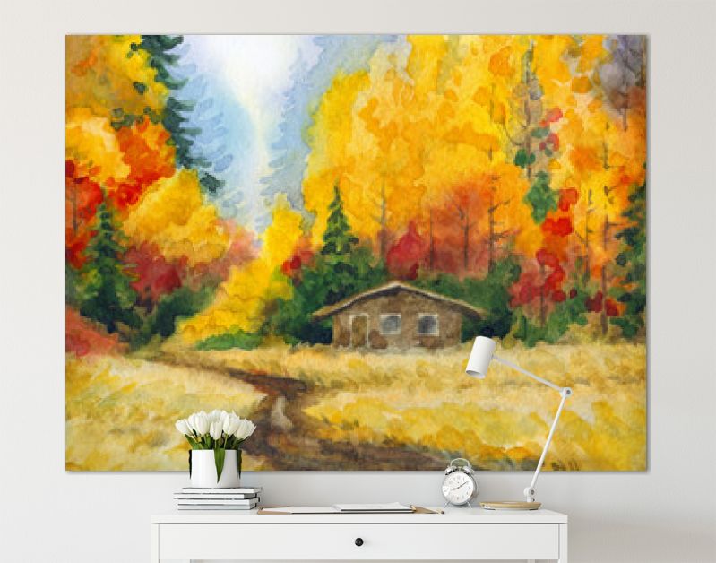 Aquarel landschap. Weg naar het herfstbos