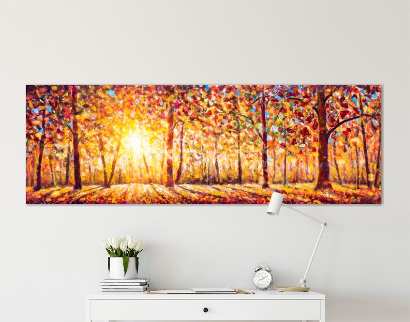 Herfstpanorama. Origineel olieverfschilderij op canvaskunst. Zonnige herfst bos bomen. Modern impressionisme. Herfst goud geel oranje rood bomen park in zonlicht landschap kunstwerk acryl schilderen