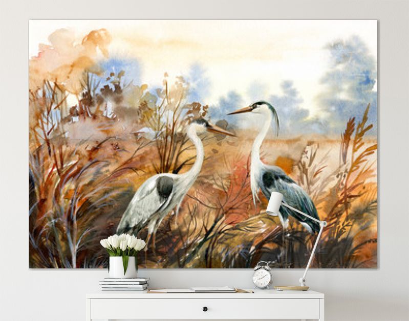 herfstlandschap met kraanvogel, aquarel illustratie