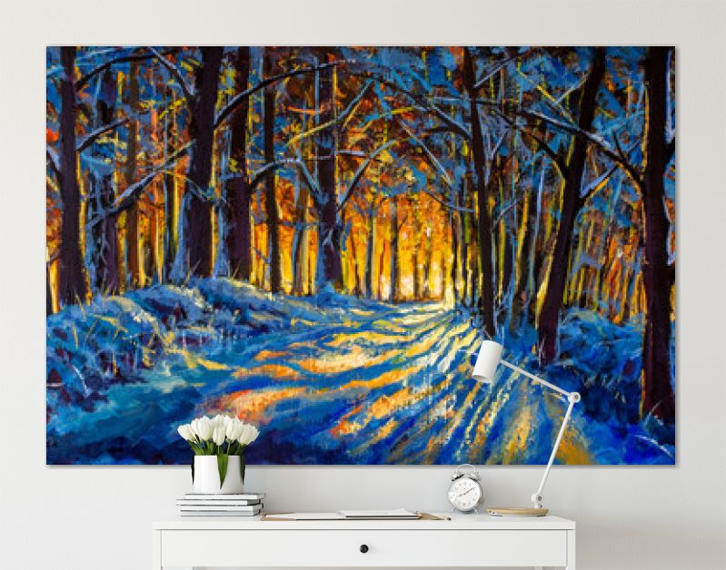 Olieverfschilderij met acryl aquarel. Winterbos. Zonnige winter bos hout landschap illustratie kunstwerk natuur.