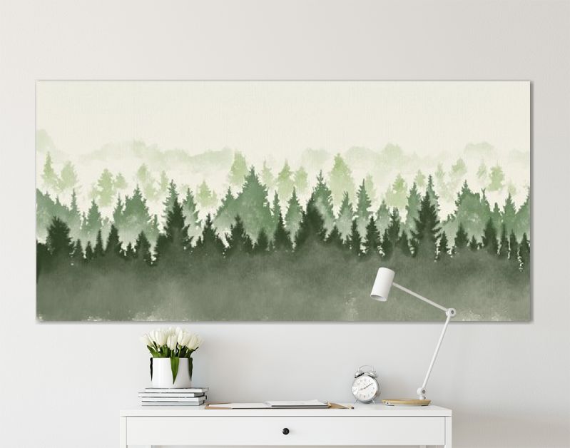 Hand getekend aquarel schilderij van kerstboom boslandschap. Brede kopie ruimte achtergrond