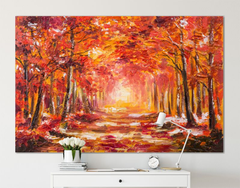 Landschap met olieverfschilderij - kleurrijk herfstbos