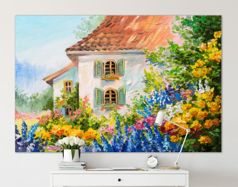 landschap met olieverf, huis in de bloementuin, abstract impressionisme