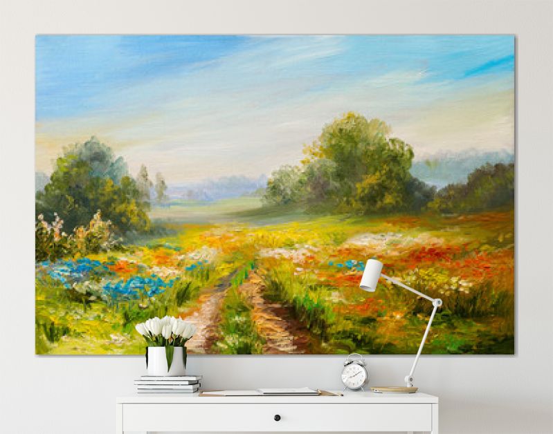 landschap met olieverf, kleurrijk bloemenveld, abstract impressionisme