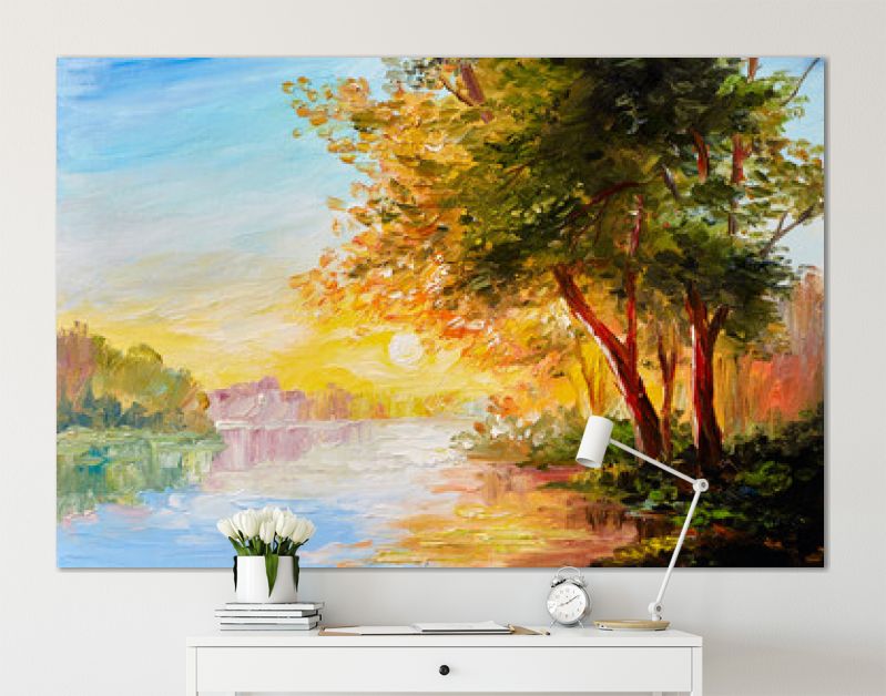 Landschap met olieverfschilderij, rivier in het lentebos met zonsondergang, middag