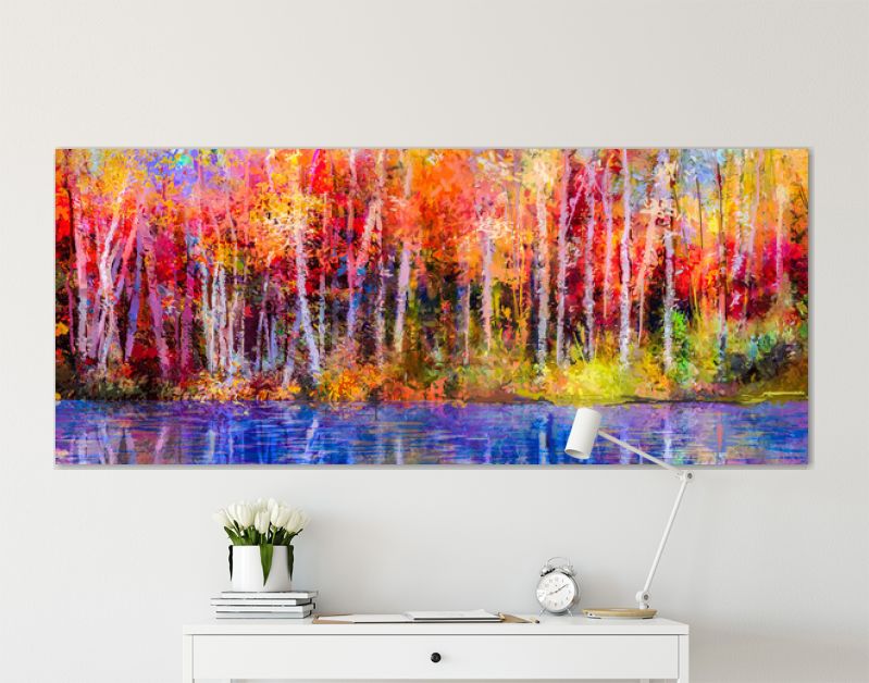 Olieverf schilderij kleurrijke herfst bomen. Semi abstract beeld van bos, espbomen met geel - rood blad en meer. Herfst, herfst seizoen natuur achtergrond. Met de hand geschilderd impressionistisch, buitenlandschap
