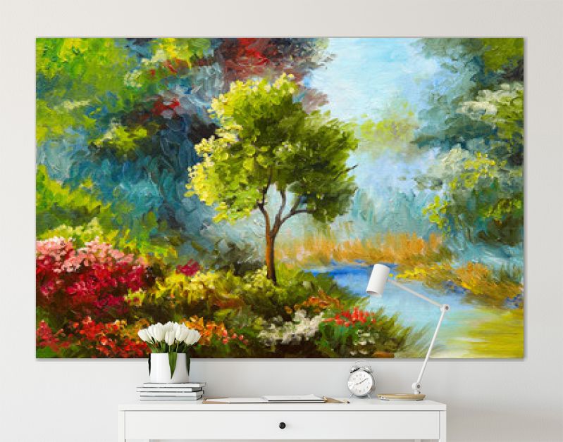 olieverfschilderij, bloemen en bomen bij de rivier, zonsondergang