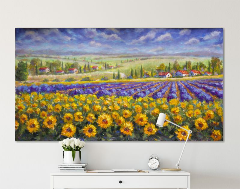 Toscane zomer Italiaans landschap. Violet blauw lavendelveld, een gele zonnebloem zonnebloemen, witte huizen met rode daken een helder Paletmes schilderij, impressionisme illustratie natuur artwork kunst