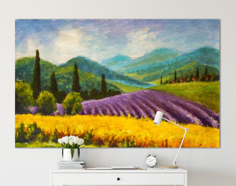 Olieverfschilderij Italiaans zomerlandschap. Lavendel paars veld. Frans Toscane. Veld van gele rogge. Landelijke huizen