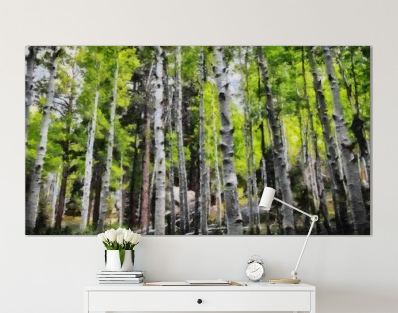 Hand tekenen van aquarel kunst op canvas. Artistieke grote print. Origineel modern schilderij. Acryl droge borstel achtergrond. Mooie zomerse landschap. Reis uitzicht. Groene bosboom. Wild natuur