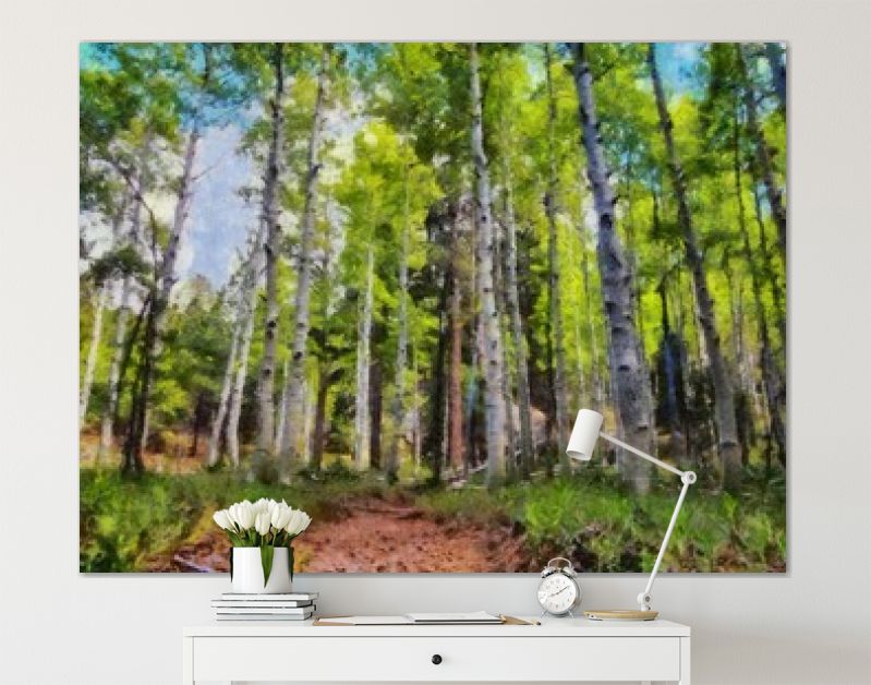 Hand tekenen van aquarel kunst op canvas. Artistieke grote print. Origineel modern schilderij. Acryl droge borstel achtergrond. Mooie zomerse landschap. Reis uitzicht. Groene bosboom. Wild natuur