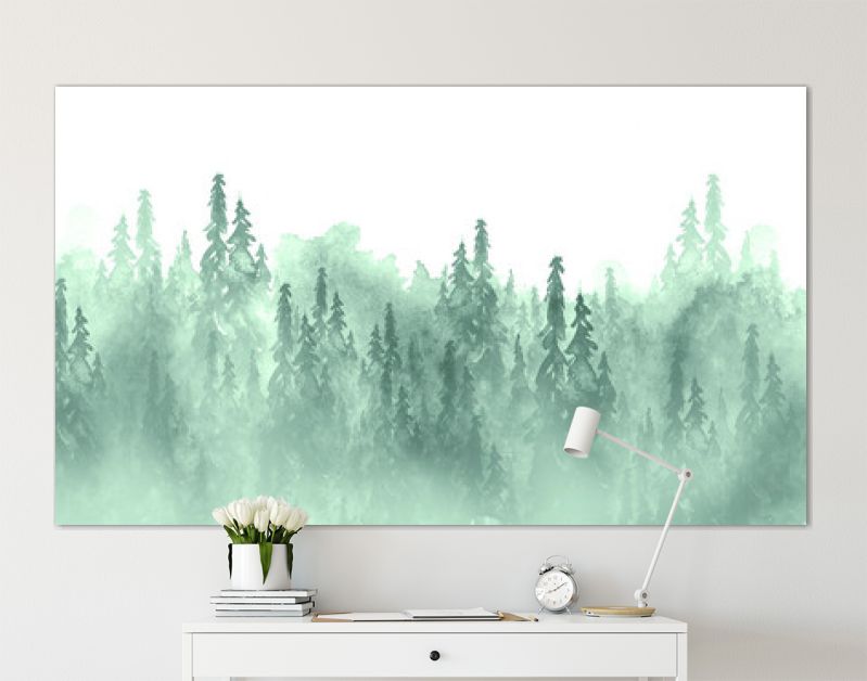 Aquarel groep bomen - spar, dennen, ceder, spar. groen bos, landschap, boslandschap. Tekening op witte geïsoleerde achtergrond. Mistig bos in nevel. Ecologische affiche. Aquarel schilderij