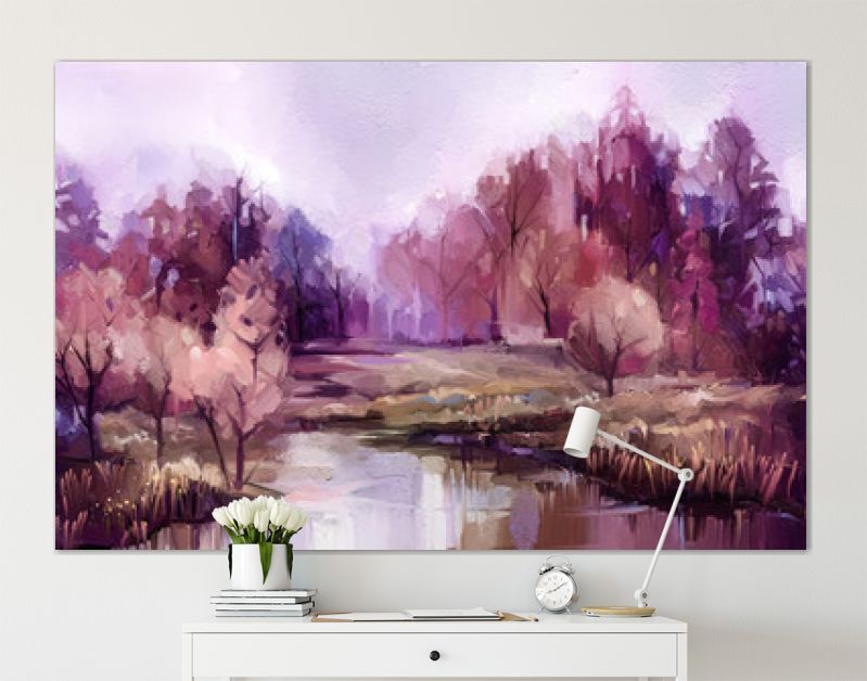 Olieverf schilderij kleurrijke herfst bomen. Vintage verfkleurenafbeelding van landschap, bos met geel, rood blad en meer. Herfst, herfst seizoen natuur achtergrond. Met de hand geschilderd impressionistisch, buitenlandschap