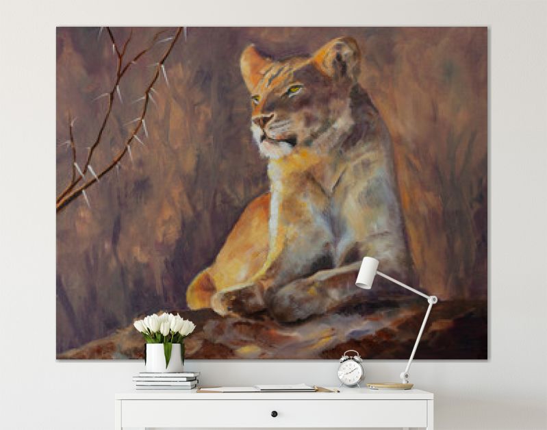 Origineel olieverfschilderij, Leeuwin die haar domein onderzoekt.