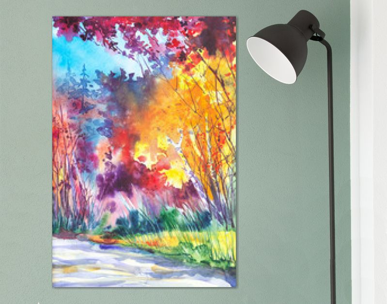 Waterverfillustratie van een prachtig helder herfstboslandschap