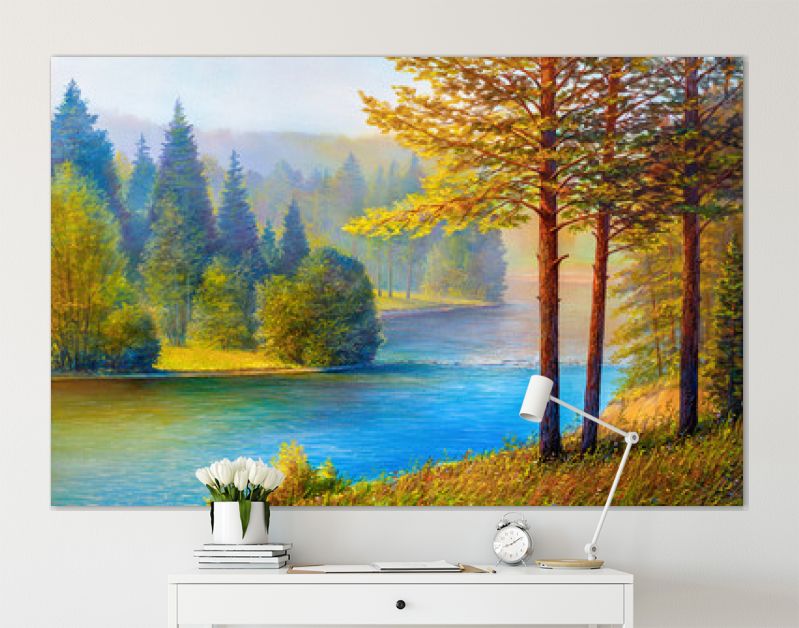 Ochtendlandschap met dennen en rivier.