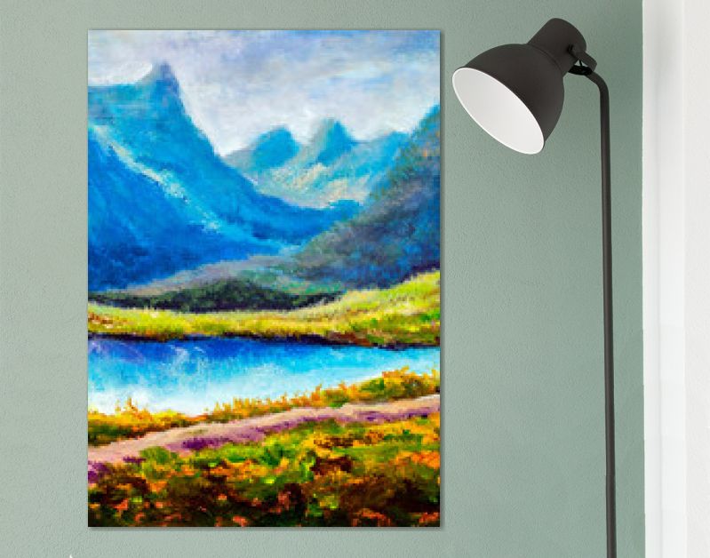 Berglandschap Origineel modern olieverfschilderij - prachtig meer in de bergen - hedendaagse beeldende kunst illustratie