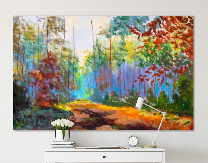 Impressionisme modern olieverfschilderij herfst bos park steegje zonlicht landschap kunstwerk. Zonnige kunst