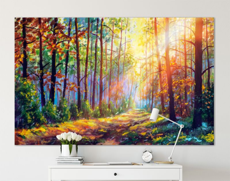 Origineel olieverfschilderij prachtig bos in de herfst, schilderachtig landschap met aangename warme zonneschijn beeldende kunst