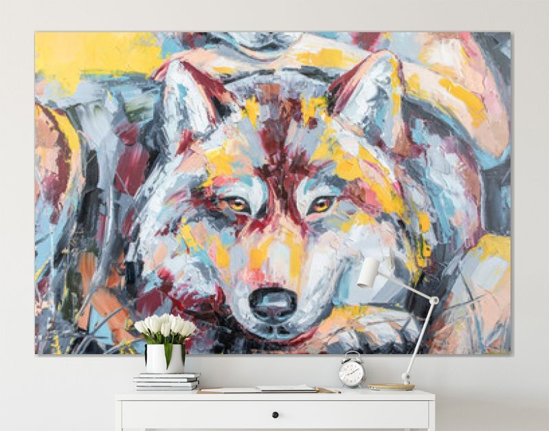 Oliewolf portret schilderij in veelkleurige tinten. Conceptueel abstract schilderij van een paar wolven. Close-up van een schilderij door olie en Paletmes op canvas.