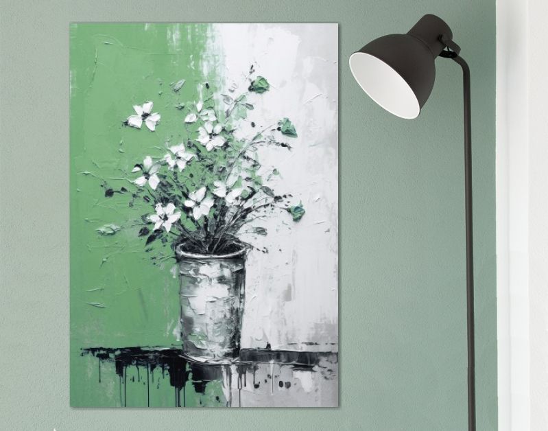 Bloemenpracht in Groene Vaas Iconische Impasto in Zwart-Wit