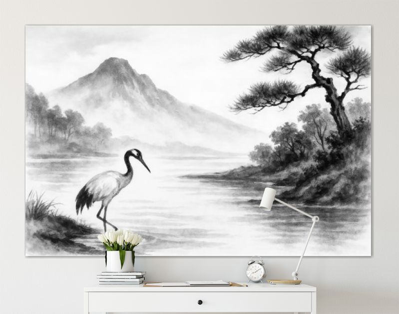 Japandi landschap met kraanvogel en bergen