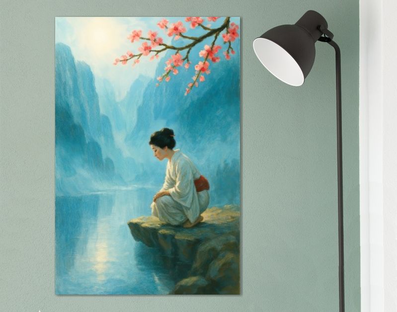 Japanse vrouw bij rivier met kersenbloesem