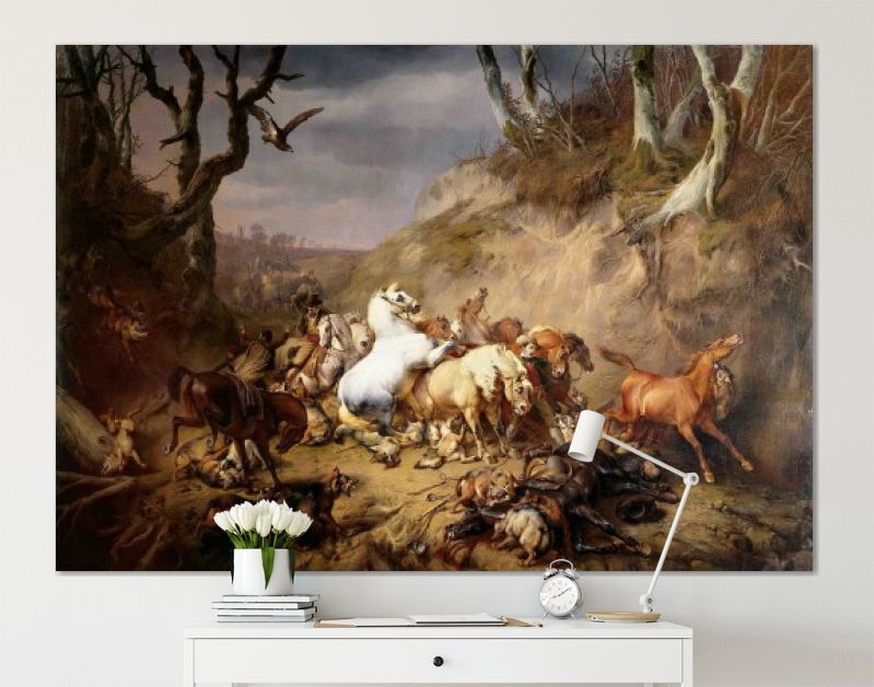 Hongerige wolven overvallen een groep ruiters, Eugène Verboeckhoven, 1836