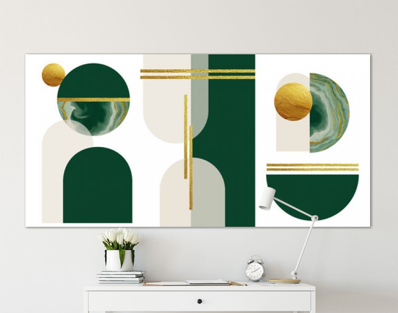 Abstracte minimalistische muurkunst in beige, groene, gouden kleuren. Eenvoudige lijnstijl. Gouden geometrische vormen, cirkels, modern creatief marmeren patroon.