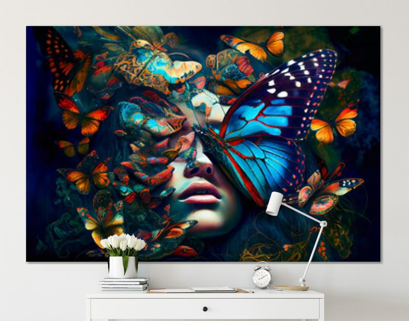 Portret van een vrouw met vlinders. Generatieve AI.