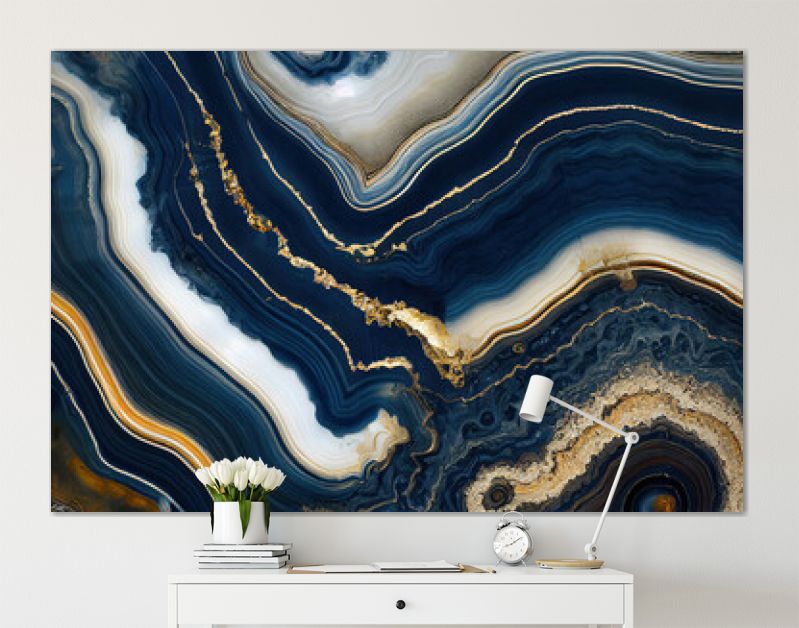 Luxe marineblauwe inkt marmerachtige abstracte textuur met gouden stof en agaatsteen wervelingen en aders